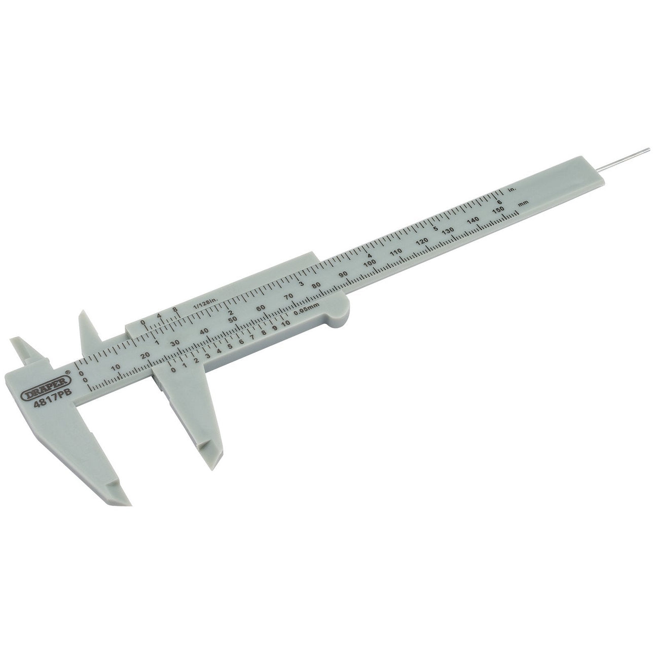 The Draper Plastic Vernier Caliper, 0 - 150mm or 6" - 4817PB features both metric and imperial graduations, making it ideal for the precise measurement of dimensions.