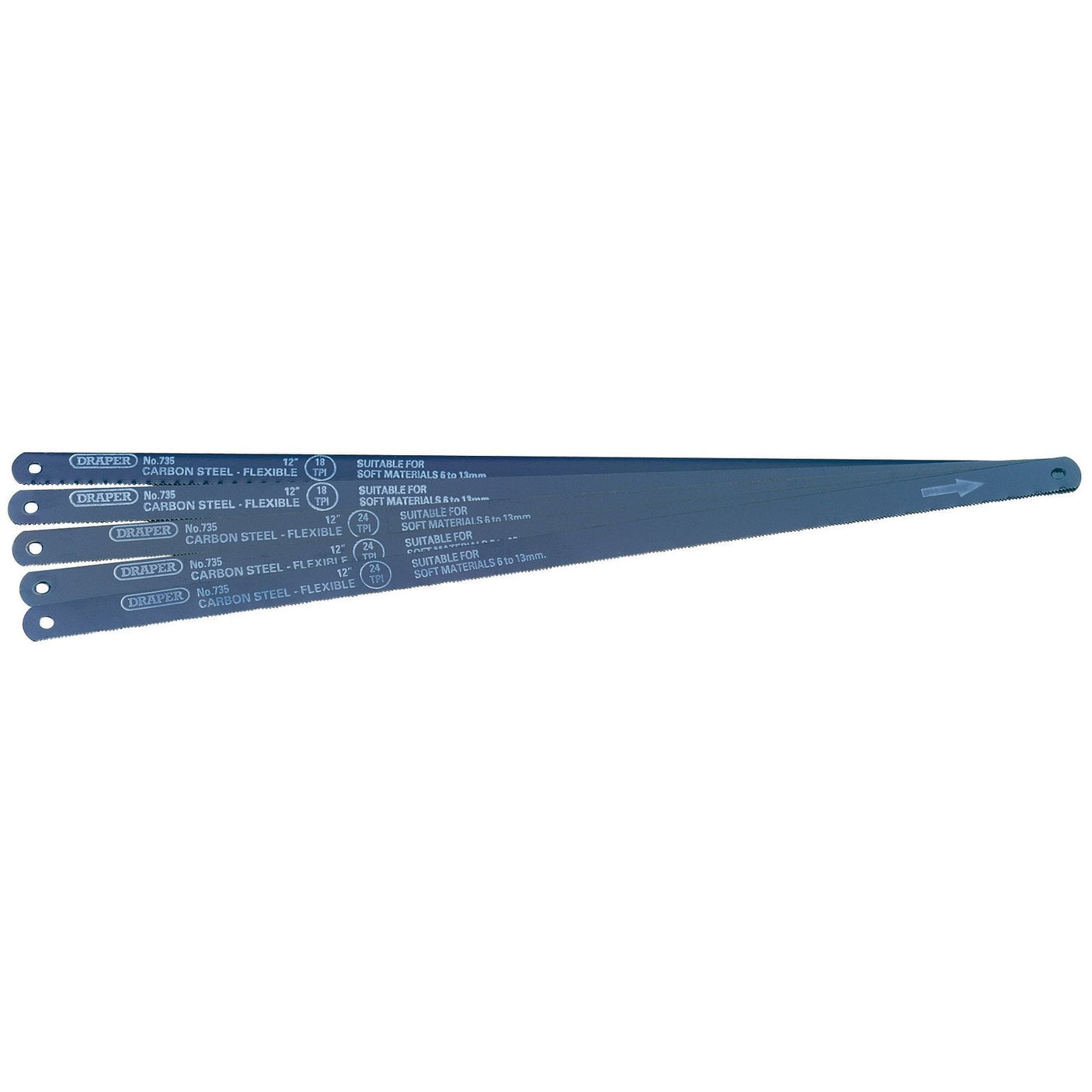 Image of five blue flexible carbon steel hacksaw blades engraved with text detailing the specifications and brand name "Draper." The 300mm Draper assorted hacksaw blades, suitable for cutting mild steel and nonferrous metal, are aligned horizontally with their mounting holes on one end.