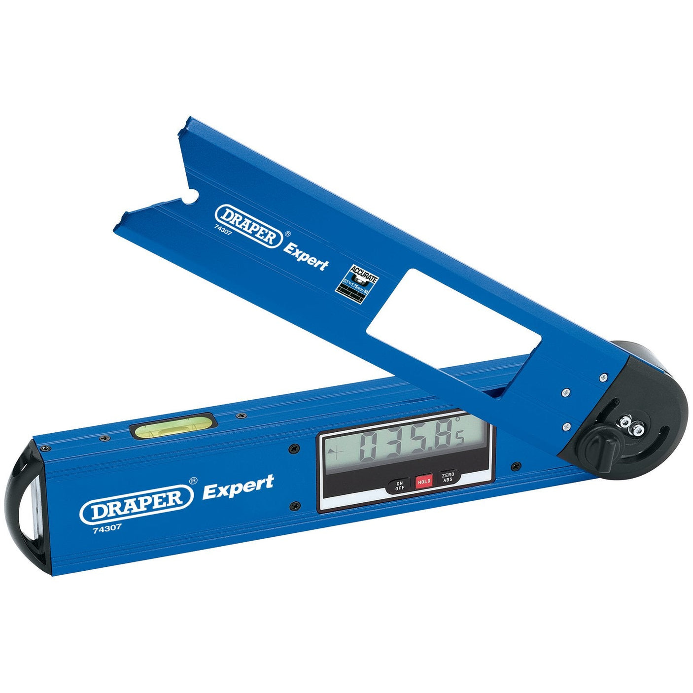 A Draper Digital Angle Finder, 250mm - DAF from Draper, featuring an adjustable blade and a backlit LCD display showing a reading of 135.05 degrees, complete with a spirit level and handle on one end.