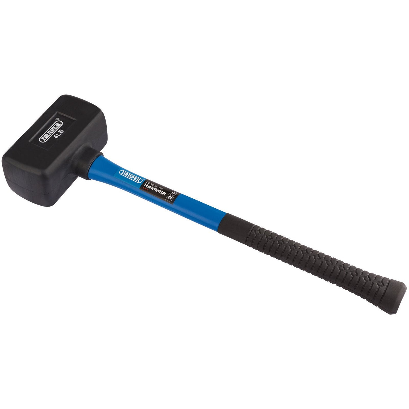 A Draper Rubber Dead Blow Hammer with a fiberglass shaft, weighing 1.8 kg (4 lb), featuring a blue handle with a black grip, and a large black head designed for minimal elastic rebound is pictured against a white background.