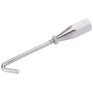 A Draper metal L-shaped stake, known as the Draper - Hook, featuring a hexagonal head, threaded section, and nut, part of the 71106 series products, designed for securing objects or structures.