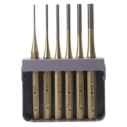 The Draper Octagonal Parallel Pin Punch Set (150mm, 6 Piece - 119K) features a set of six brass-colored pin punches in varying sizes, neatly arranged in a steel magazine case and crafted from durable chrome vanadium steel.