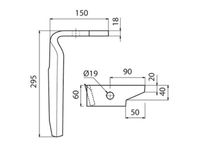 Sparex Hardfaced Power Harrow Blade 60x18x295mm RH. Hole centres: Hole Ø 19mm. Replacement for Amazone. To fit as: 954426SC | S.74780 - Product Image 3
