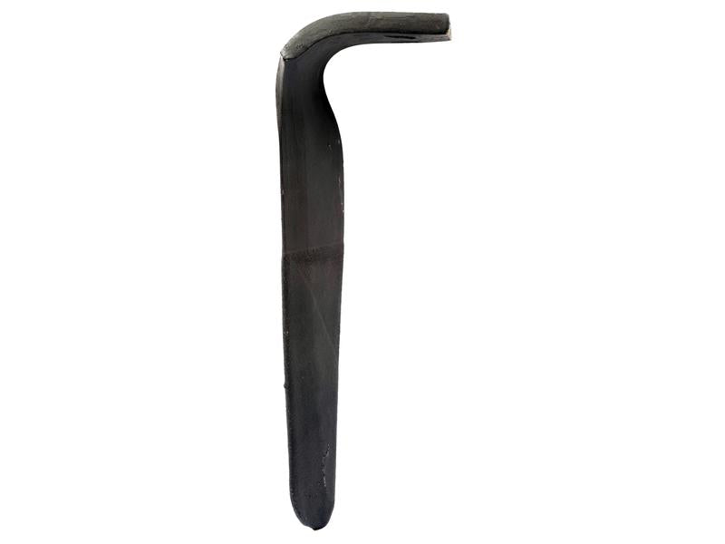 A single, dark-colored L-shaped metal object with a curved corner, identified as the Hardfaced Power Harrow Blade 100x12x305mm LH (Sparex Part Number: S.74787), is presented against a plain white background. This durable Sparex brand item could serve as an essential replacement part for various tools and equipment.