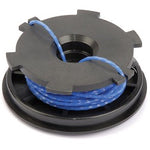 A Draper Spool And Line For 74043 Brush Cutter - AGP27 featuring a black plastic spool wrapped with blue rope, viewed from an angle.