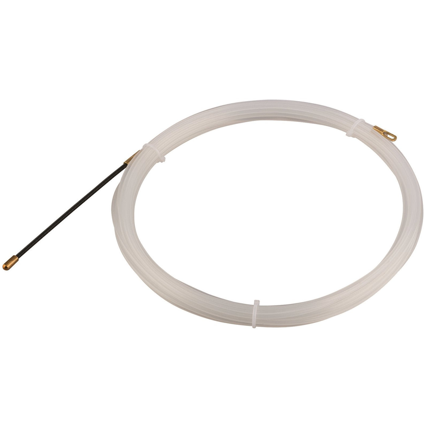 A 10-meter Draper Electrician's Nylon Draw Tape (EDTN) featuring a coiled, non-corrosive white nylon tape with brass fittings on each end.