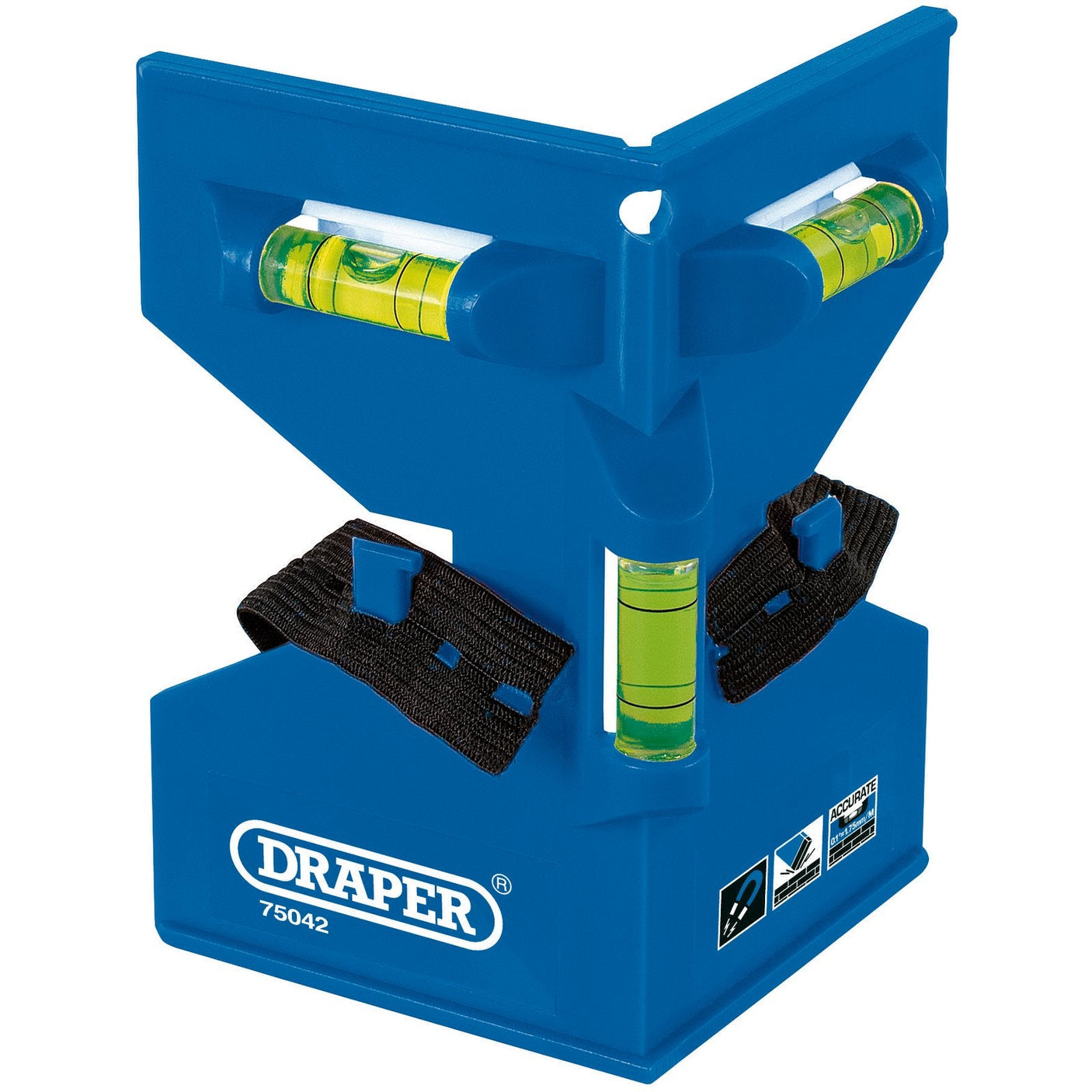 A Draper Post Level - PLF in blue, made from durable ABS plastic, featuring embedded bubble vials and adjustable straps.