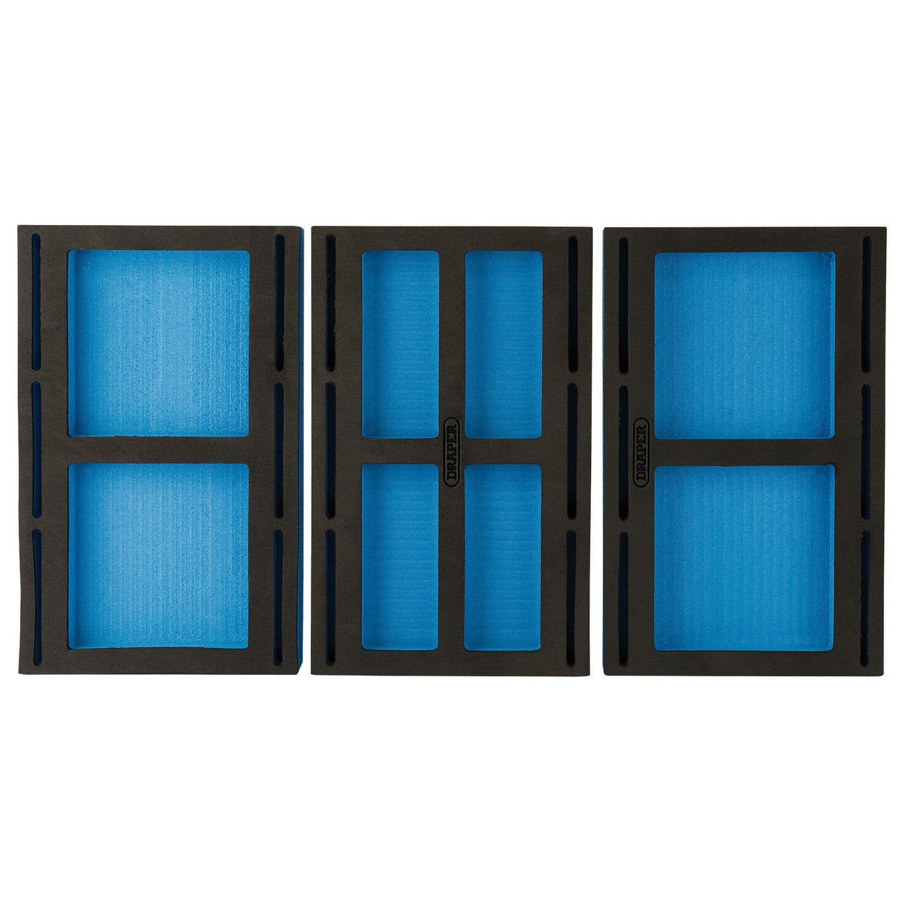 Three Draper 1/4 Drawer Eva Insert Infill Trays (3 Piece) - IT-EVA82, featuring blue rectangular designs with black frames on a white background and varying internal panel configurations. The sleek design complements tool chests, while their closed cell foam structure enhances durability and efficiency.