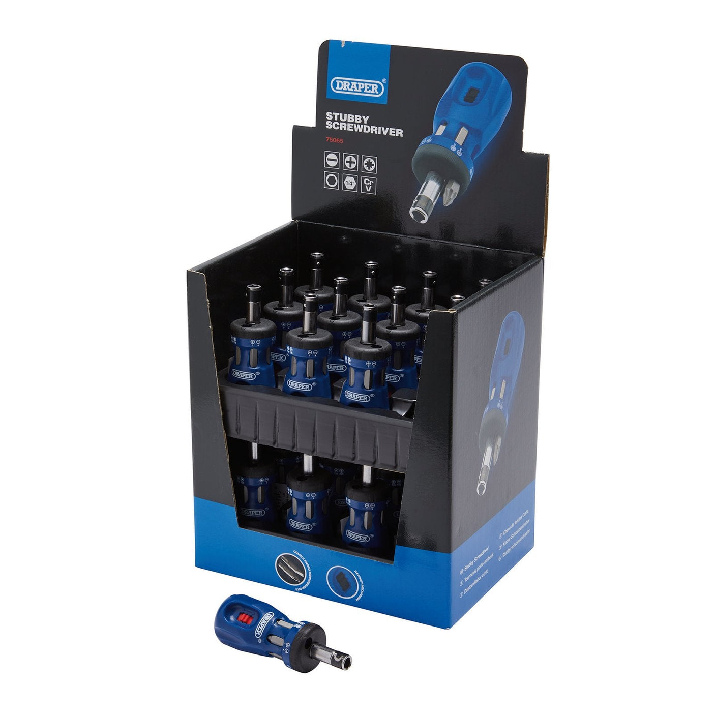 A display box of Draper Chubby Ratchet Screwdriver And Bit Sets (24 Piece) - DISP/CRS24 features blue stubby ratchet screwdrivers with black handles. One screwdriver is outside the box, showcasing its compact design and 12 interchangeable bits.