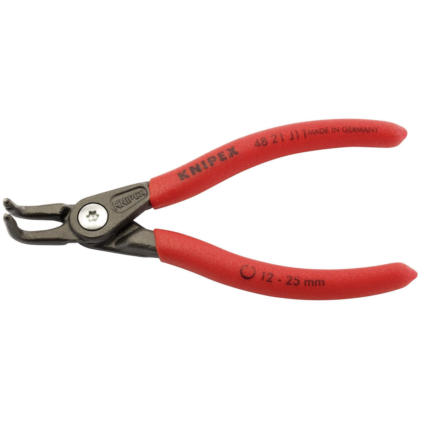 A pair of Draper Knipex 48 21 J11 internal straight tip circlip pliers featuring red handles made from chrome vanadium steel. The handles are inscribed with text, including "48 21 J11," "Made in Germany," and sizes ranging from 12 to 25 mm.