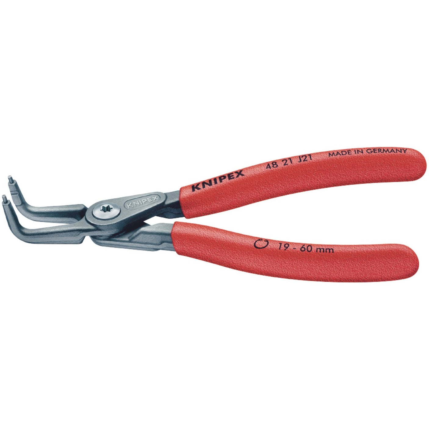 The Draper Knipex 48 21 J21 internal straight tip circlip pliers, crafted from durable chrome vanadium steel, feature a red handle and are designed for retaining rings with a diameter ranging from 19-60mm.