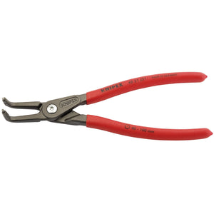 Red-handled snap ring pliers with forged chrome vanadium construction and spring steel tips. The brand name "Draper" and "Made in Germany" are printed on the handles, complying with DIN ISO 5256D standards. Model: Draper Knipex 48 21 J31 90° Internal Straight Tip Circlip Pliers with a capacity of 40 - 100mm and a length of 210mm.