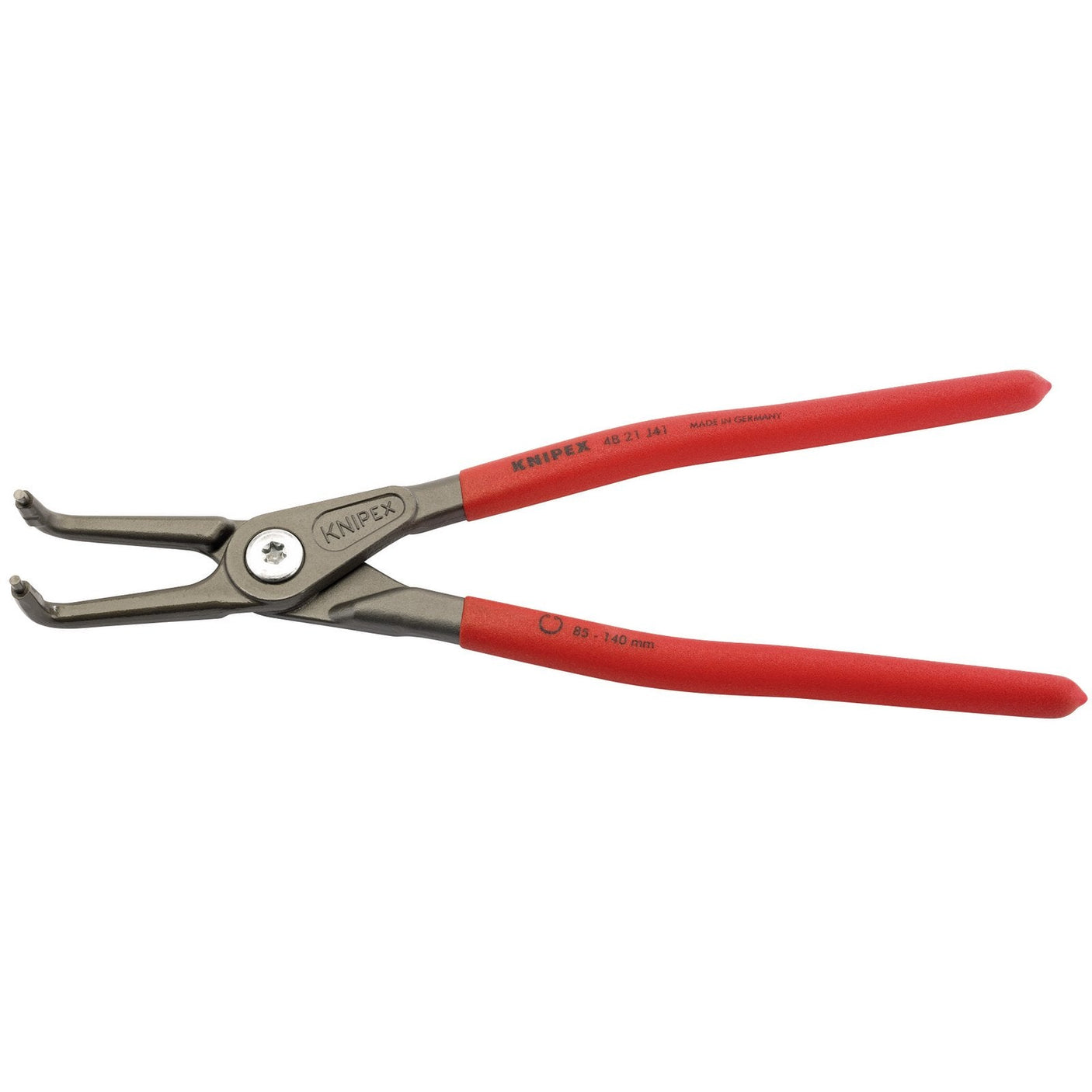 Draper Knipex 48 21 J41 90° Internal Straight Tip Circlip Pliers with a red handle, made from durable chrome vanadium electric steel, used for installing and removing snap rings or circlips, and featuring a capacity of 85 - 140mm.