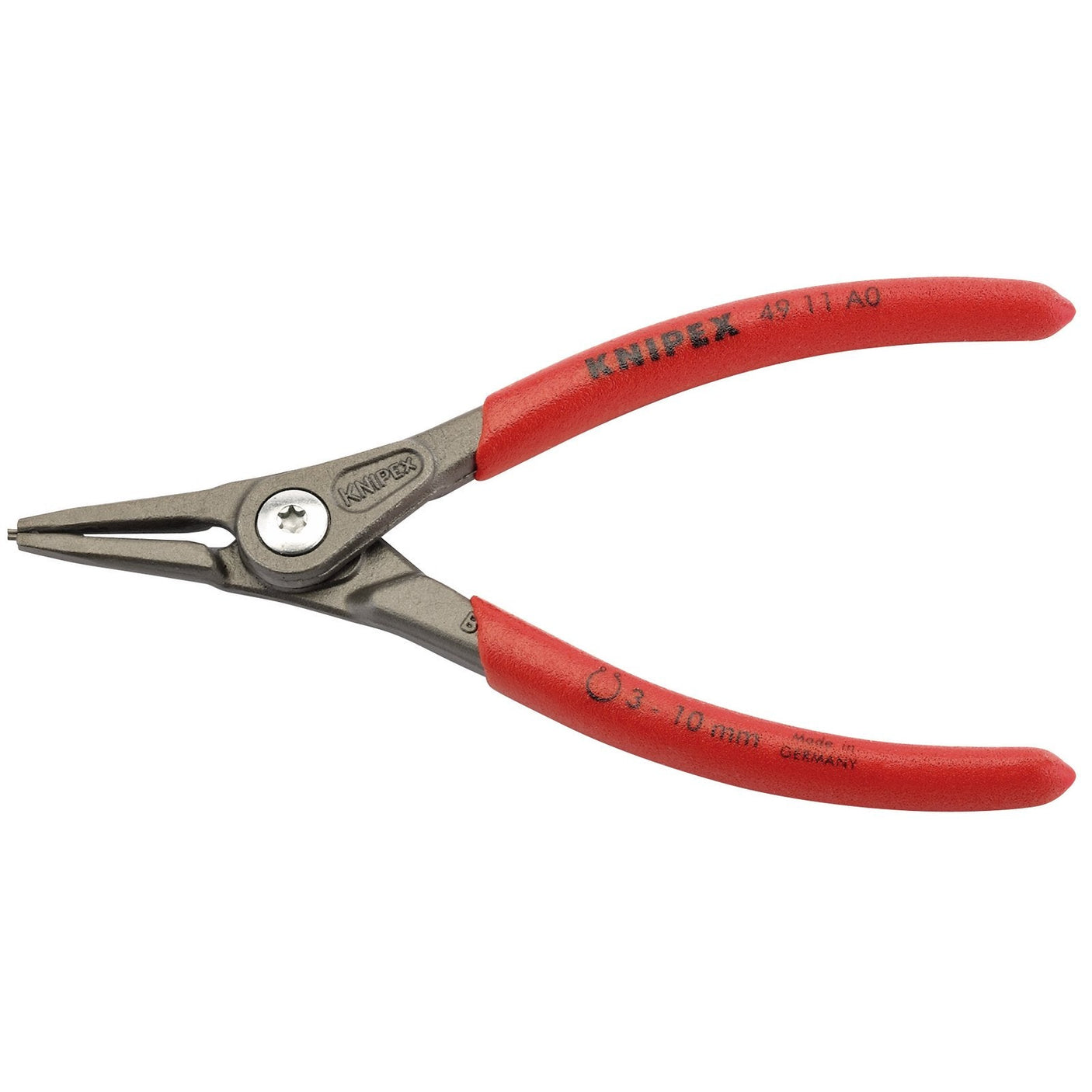 A pair of Draper Knipex 49 11 A0 140mm External Straight Tip Circlip Pliers, featuring red handles and crafted from chrome vanadium electric steel with spring steel tips, designed for external circlips with a capacity of 3 - 10mm.