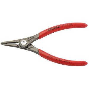 A pair of Draper Knipex 49 11 A0 140mm External Straight Tip Circlip Pliers, featuring red handles and crafted from chrome vanadium electric steel with spring steel tips, designed for external circlips with a capacity of 3 - 10mm.