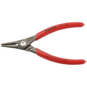 Close-up of Draper Knipex 49 11 A1 140mm External Straight Tip Circlip Pliers with red handles. Made from chrome vanadium for durability, this professional quality tool excels in installing and removing circlips or retaining rings with its precision screw joint.