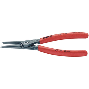 Professional quality Draper Knipex pliers with red handles, model 49 11 A2, featuring two thin, pointed gripping ends made from durable chrome vanadium for optimal performance and designed for external circlips with a capacity range of 19-60mm.