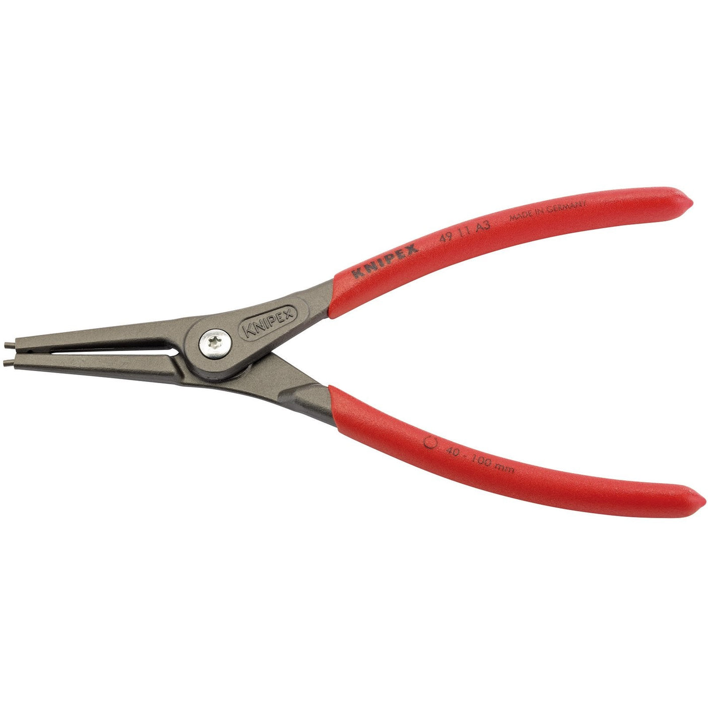 Image of Draper Knipex 49 11 A3 225mm External Straight Tip Circlip Pliers with red handles. The tool, crafted from professional quality chrome vanadium steel, features a metal body and pointed tips designed for handling circlips sized 40-100 mm.