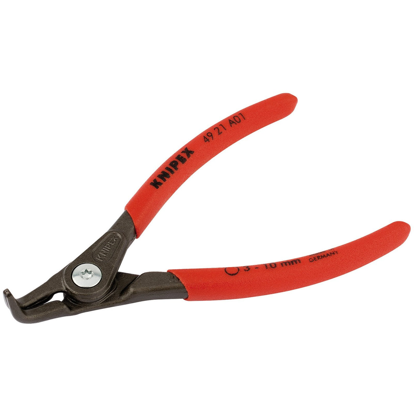 The Draper Knipex 49 21 A01 External Straight Tip Circlip Pliers, featuring red handles and a precision screw joint, are suitable for removing or installing circlips with diameters ranging from 3 to 10 mm.