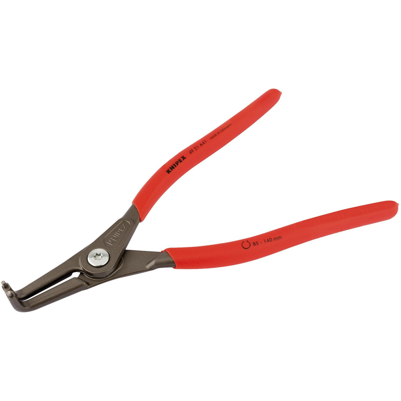 A pair of Draper Knipex 49 21 A41 External Straight Tip Circlip Pliers with red handles, designed from chrome vanadium electric steel and featuring a spring-loaded tip, shown on a white background.