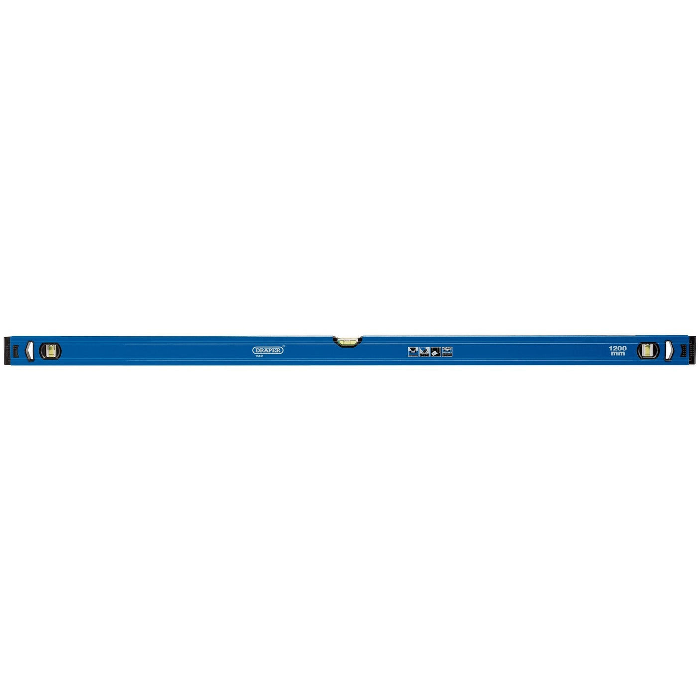 The Draper Box Section Level, 1200mm - DL75 by Draper features a blue design with two bubble vials for horizontal and vertical leveling, a precision milled bottom, and shock-absorbing end caps.