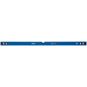 The Draper Box Section Level, 1200mm - DL75 by Draper features a blue design with two bubble vials for horizontal and vertical leveling, a precision milled bottom, and shock-absorbing end caps.