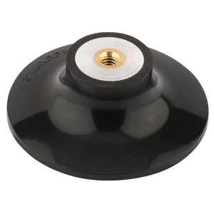 The Draper Backing Pad For 65070, 3" - YSFAS75-32, is a black backing pad featuring a threaded metal insert at the center, designed to attach sanding or polishing discs to power tools.