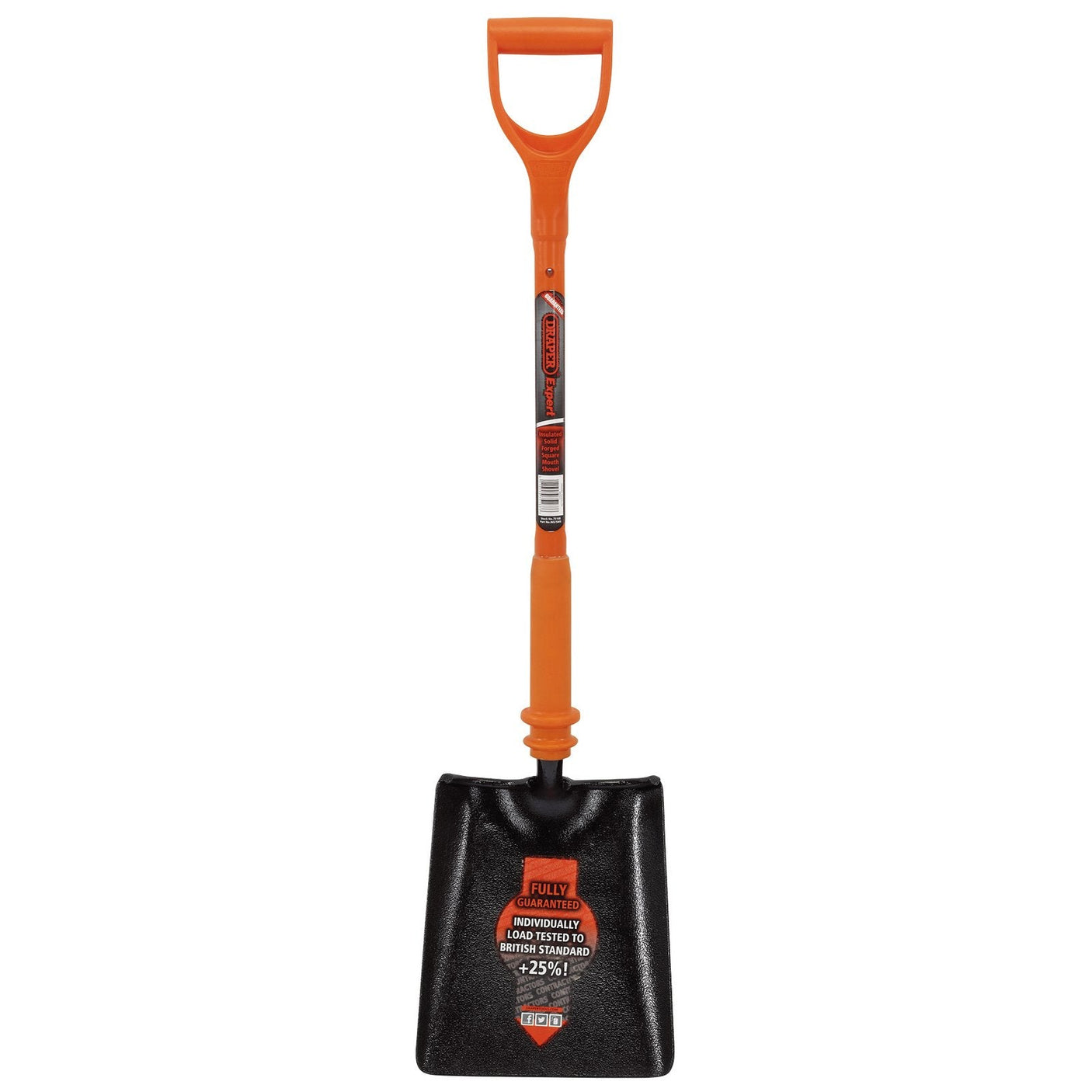 The Draper Expert Fully Insulated Contractors Square Mouth Shovel - INS/SMS features a black blade and an orange handle with a D-grip design, making it ideal for live cable work. This insulated shovel is fully heat-treated, boasts 25% more durability, and meets the BS 8020 standard for added safety.