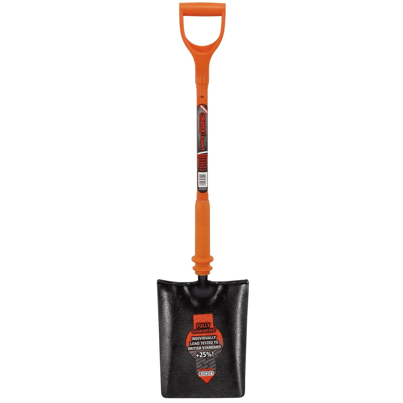 The Draper Expert Fully Insulated Contractors Taper Mouth Shovel - INS/TMS features an orange handle and a black, flat blade. It meets the BS 8020:2011 standard, making it ideal for safe excavation near live cables and wires.