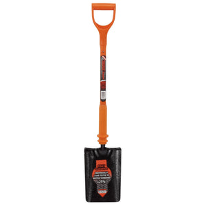 The Draper Expert Fully Insulated Contractors Trenching Shovel - INS/TTS is a short-handled shovel featuring an orange handle and a black blade. It includes labels indicating that it is full-length, adheres to BS 8020 standards, and is constructed from durable materials.