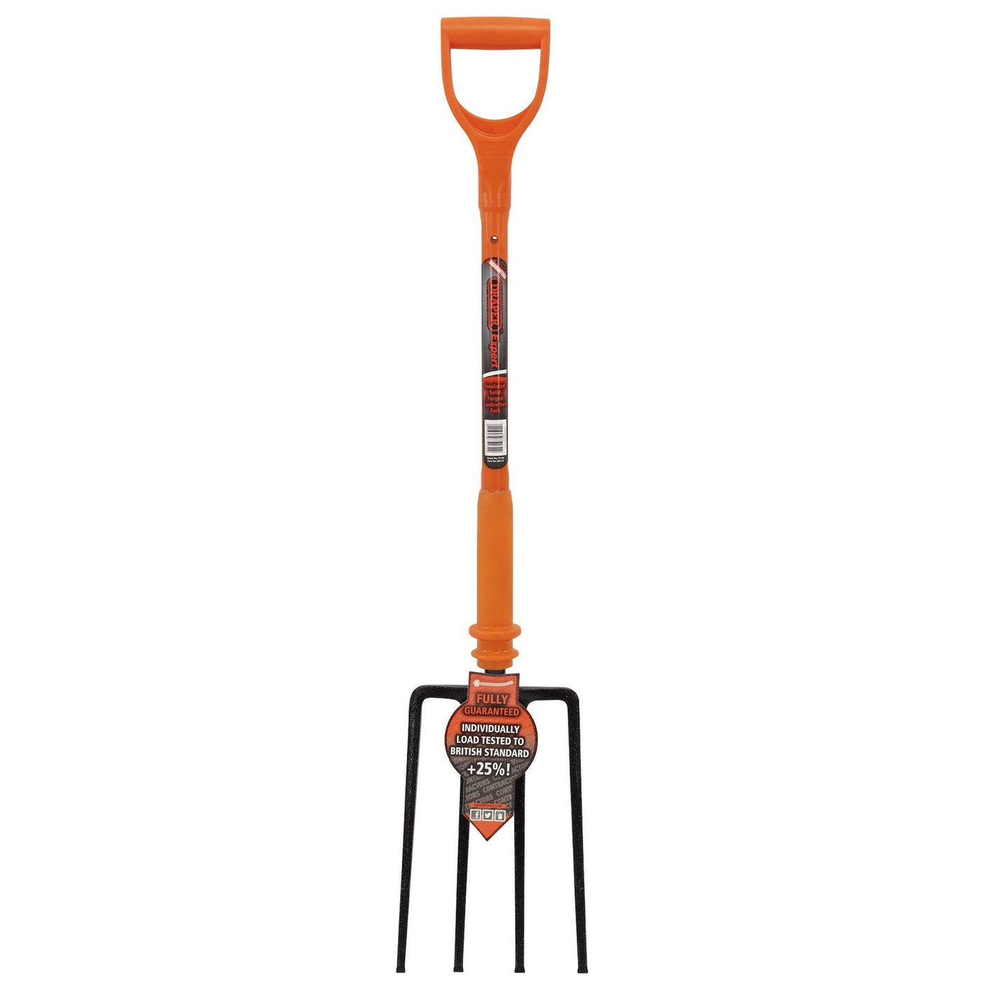 The Draper Expert Fully Insulated Contractors Fork - INS/CF is an insulated four-tine fork with an orange handle and a D-grip, perfect for working near live cables. It meets the BS 8020 standard and includes product information on the handle label.