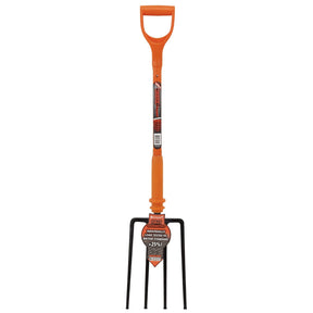 The Draper Expert Fully Insulated Contractors Fork - INS/CF is an insulated four-tine fork with an orange handle and a D-grip, perfect for working near live cables. It meets the BS 8020 standard and includes product information on the handle label.