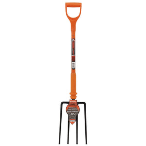 The Draper Expert Fully Insulated Contractors Fork - INS/CF is an insulated four-tine fork with an orange handle and a D-grip, perfect for working near live cables. It meets the BS 8020 standard and includes product information on the handle label.