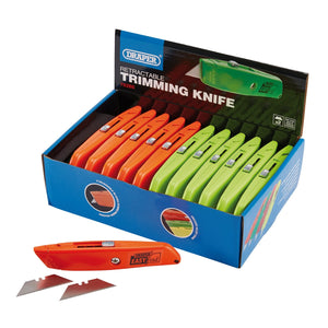 A countertop display box featuring the "Draper Easy Find Retractable Trimming Knife With 2 X Blades - TK217/24C" in vibrant orange and green. The display showcases multiple eye-catching colors and prominently displays two spare blades in front of the box.