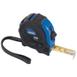 A Draper Measuring Tape, 3M/10Ft X 16mm - EMTG, in blue and black, comes with an impact-resistant case. It features a yellow retracted tape, a nylon-coated blade for precise measurements, and includes a black wrist strap for added convenience.