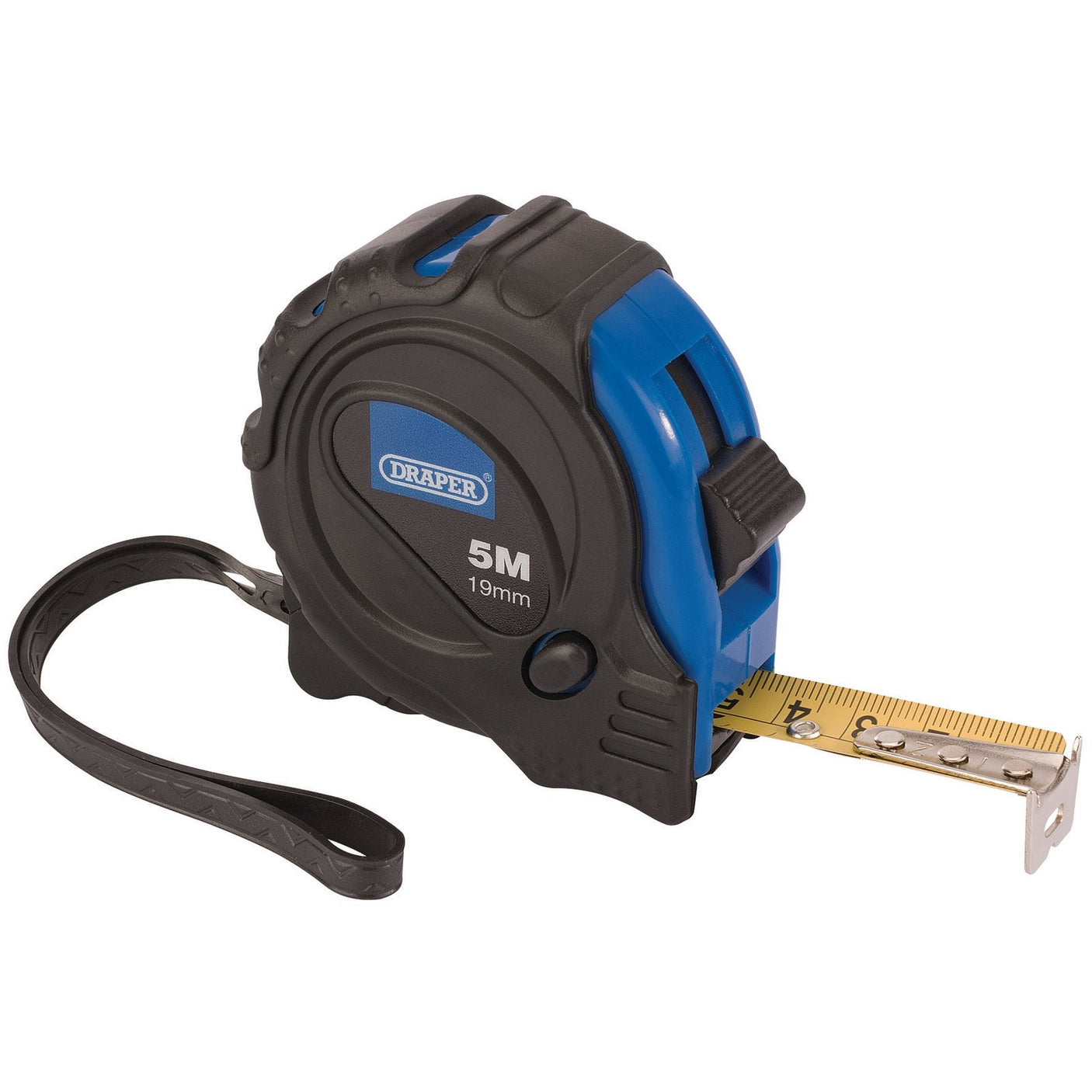 A Draper Measuring Tape EMTG, measuring 5 meters (16 feet) by 19mm, features a black and blue design with a wrist strap, a partially extended yellow measuring tape, an impact-resistant ABS case, and a convenient blade locking button.