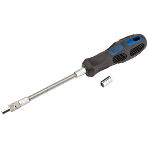 The Draper Hose Clip Driver, 6mm And 7mm - HCD/A is depicted with a grey and black ergonomic handle, blue accents, and an interchangeable bit, accompanied by a separate socket attachment. Its soft grip handles ensure comfort during use.