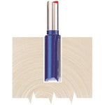 A Draper Tct Router Bit, 1/4" Straight, 9.5 X 25mm - RB3 with a blue body is partially embedded in a piece of light-colored wood, cutting an intricate groove pattern.