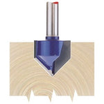 The Draper Tct Router Bit, 1/4" Groove 19mm X 90&Deg; - RB8 positioned above a piece of wood, showcasing the type of cut it creates, which features a sharp, angular groove pattern.