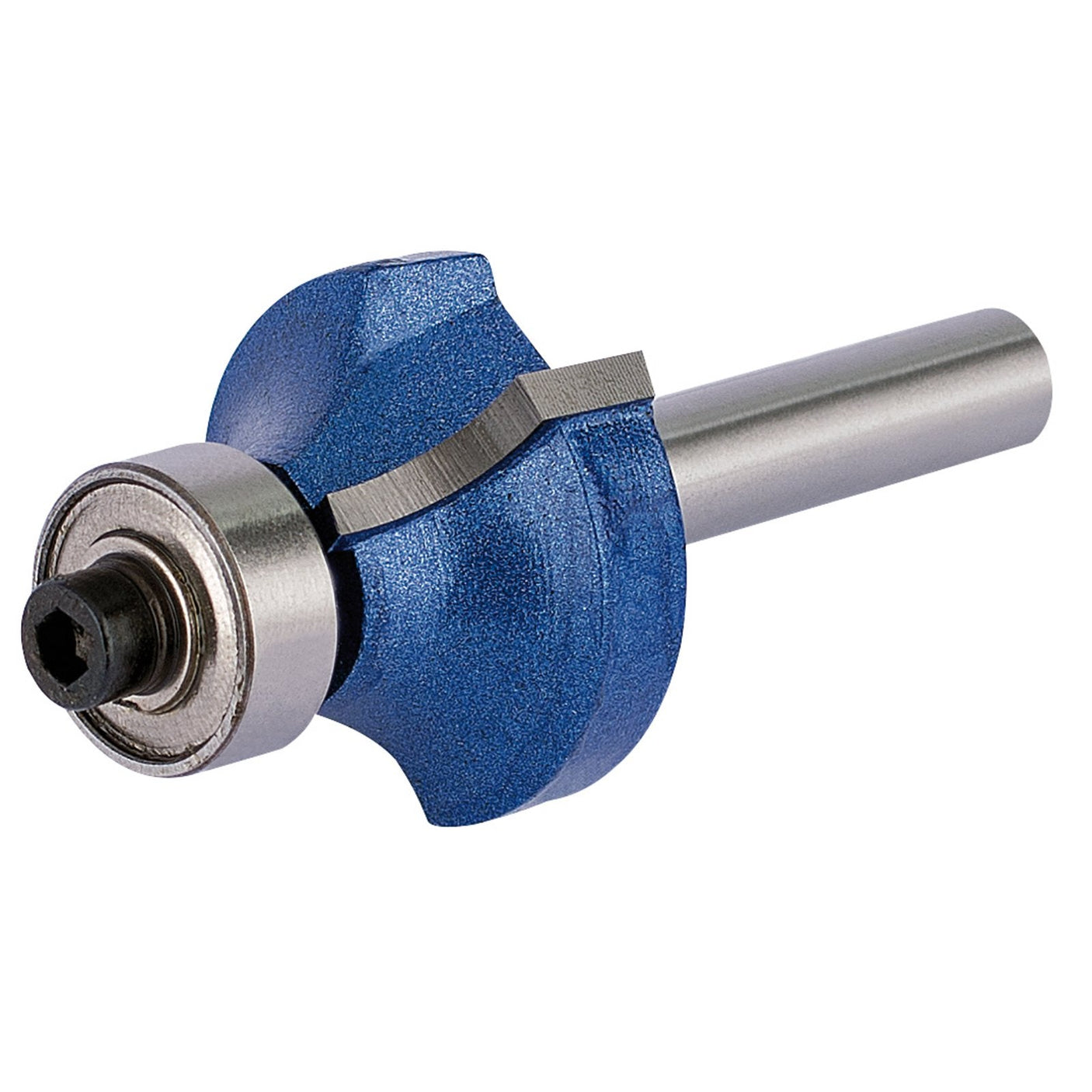 Close-up of a Draper Tct Router Bit, featuring a blue steel bearing guide and a curved cutting blade, attached to a cylindrical shank.