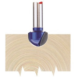 The Draper TCT Router Bit, 1/4" Core Box with a 12.7 x 6.35mm radius (RB16) features a rounded blade that cuts into wood, creating a semi-circular groove.