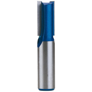 A close-up of the Draper Tct Router Bit, 1/2" Straight, 12.7 X 25mm - RB20 shows its blue-coated cutting edge. This bit features a cylindrical shank and a sharp cutting end, making it ideal for woodworking or machining tasks.