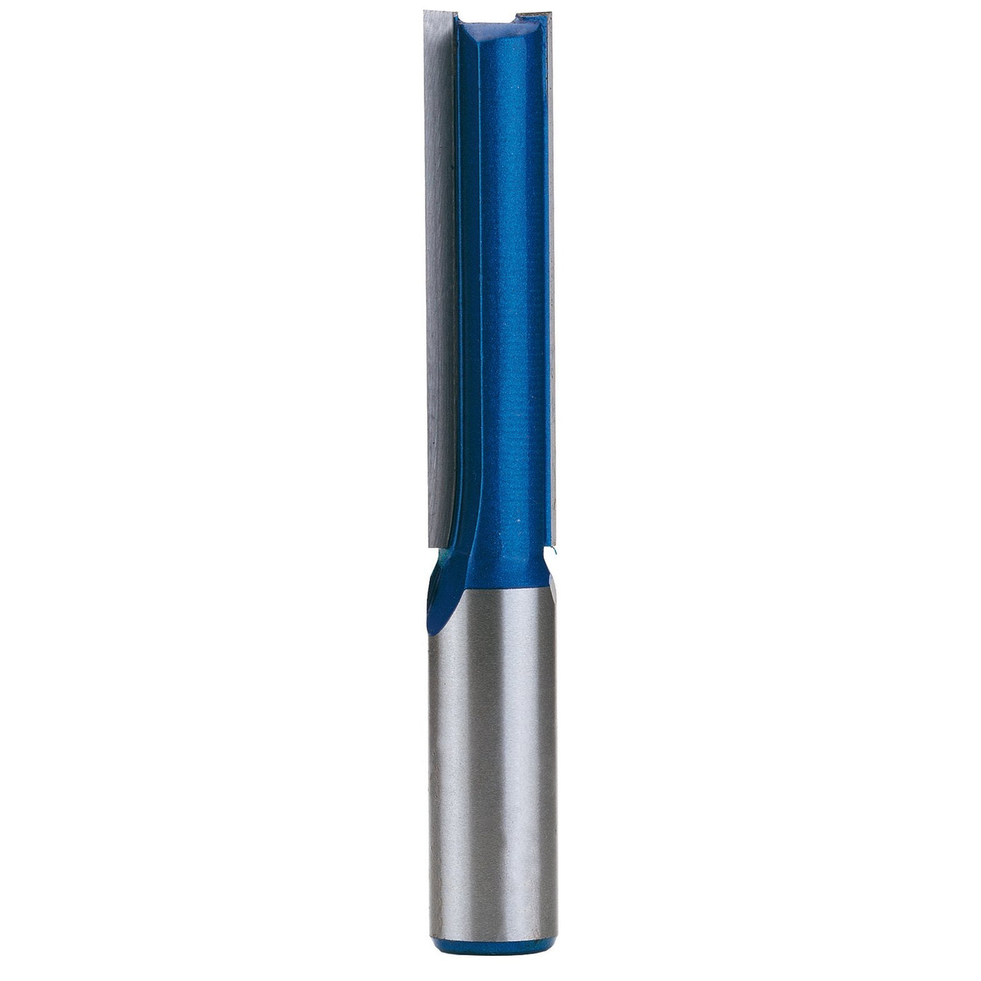 The Draper Tct Router Bit, 1/2" Straight, 12.7 X 50mm - RB21 is a metal router bit with a blue coating, featuring a cylindrical body and a cutting edge designed for woodworking.