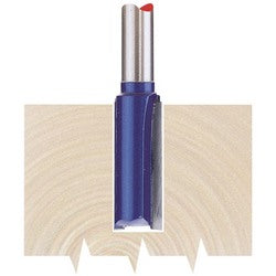 The Draper Tct Router Bit, 1/2" Straight, 19 X 25mm - RB22, in blue is shown cutting a wooden surface with precise edges.