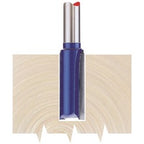 The Draper Tct Router Bit, 1/2" Straight, 19 X 25mm - RB22, in blue is shown cutting a wooden surface with precise edges.