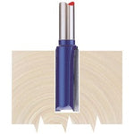 The Draper Tct Router Bit, 1/2" Straight, 19 X 25mm - RB22, in blue is shown cutting a wooden surface with precise edges.