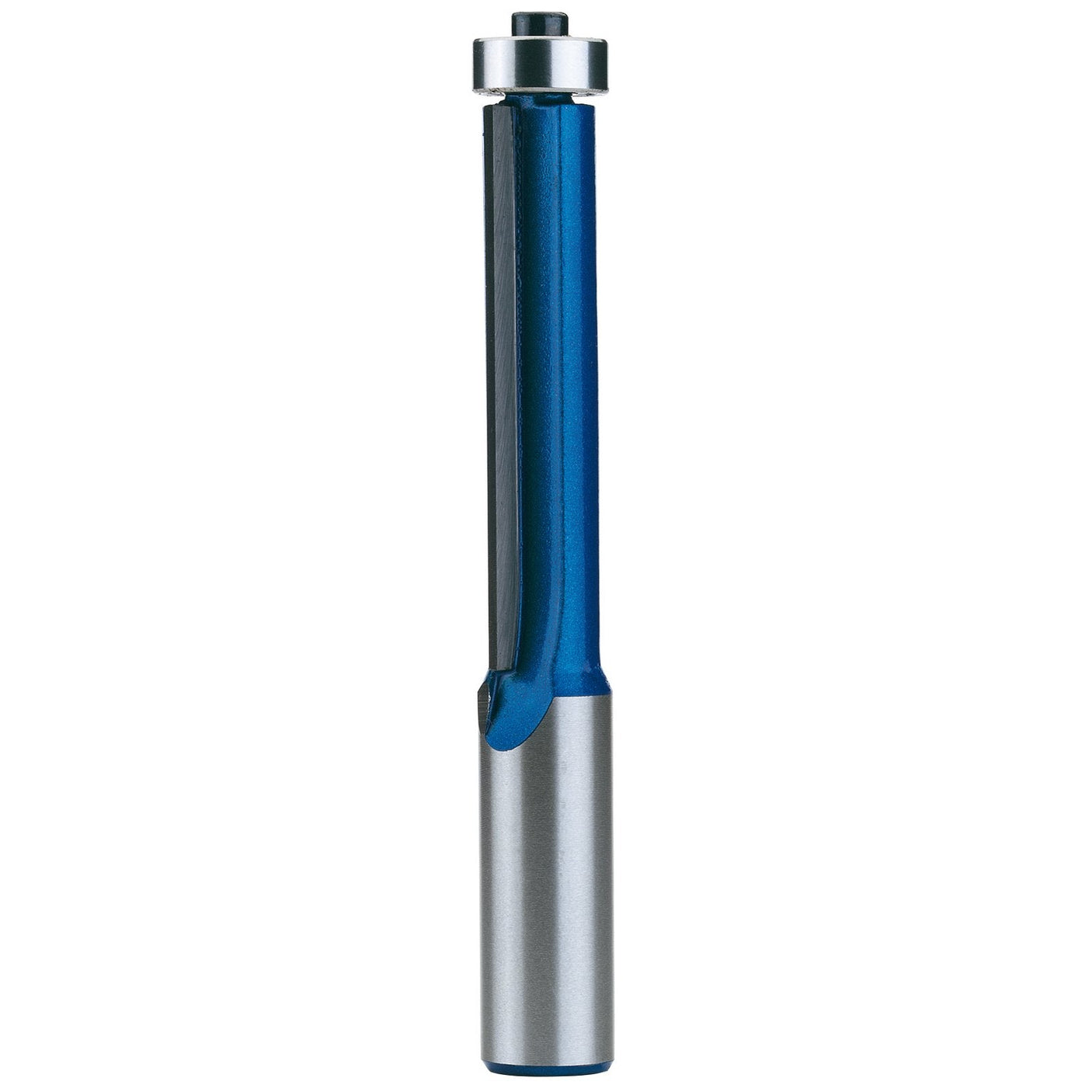 The Draper Tct Router Bit, 1/2" Flush, 12.7 x 50mm - RB23 by Draper is a blue and silver industrial router bit with a cylindrical shank and straight cutting edges, engineered for use in woodworking or machining.