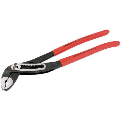 A pair of Draper Knipex Alligator® 88 01 300 Waterpump Pliers, featuring red handles, black jaws, chrome vanadium construction, and hardened teeth for enhanced durability.