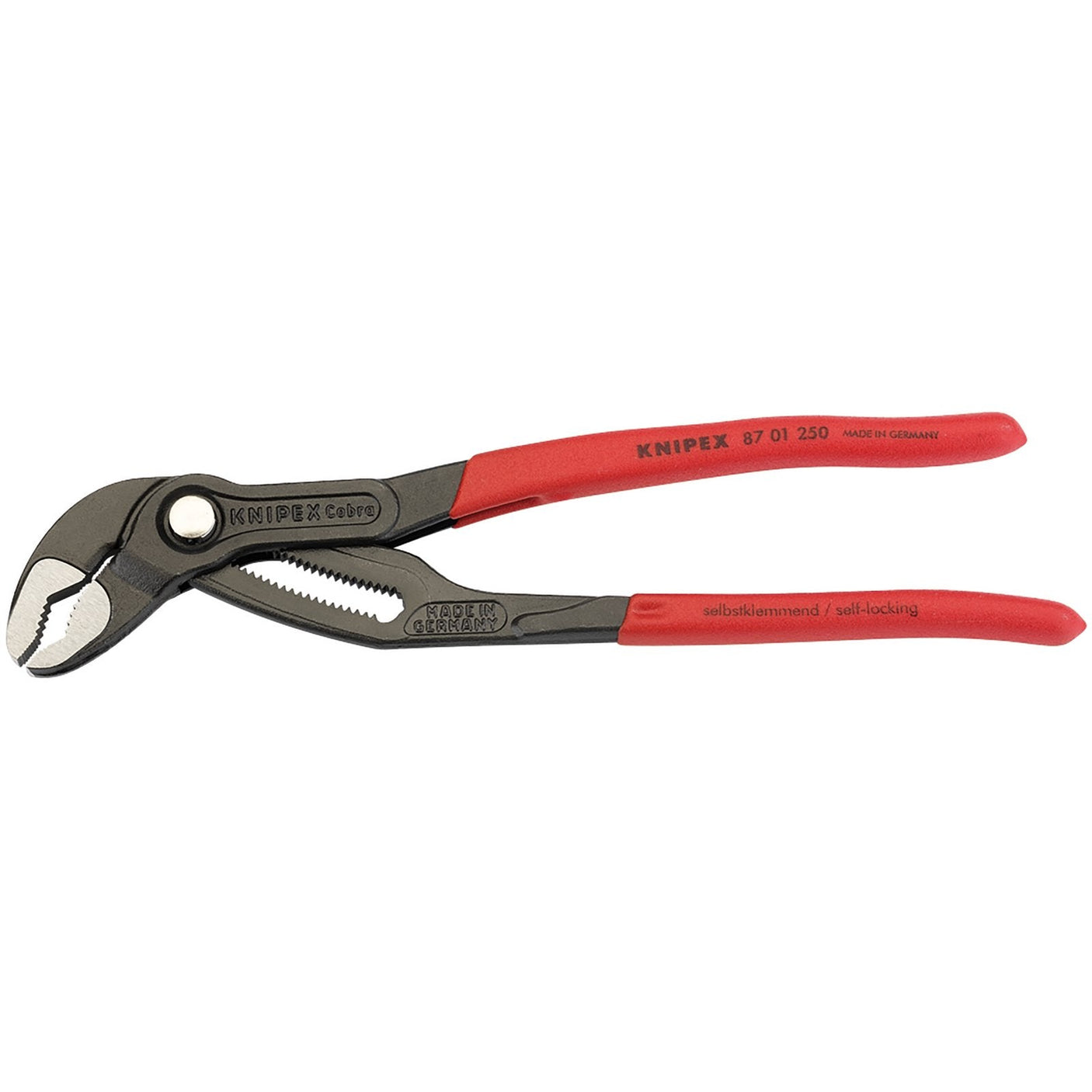 The Draper Knipex Cobra® 87 01 250 Waterpump Pliers, featuring a red handle and self-locking jaw mechanism with a black finish, are crafted from chrome vanadium steel with hardened teeth and positioned facing left.