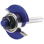 A close-up view of the Draper Tct Router Bit, 1/4" Biscuit, No.20 - RB19, showcasing its blue and silver design with a bearing, circular blade, and metal shank.